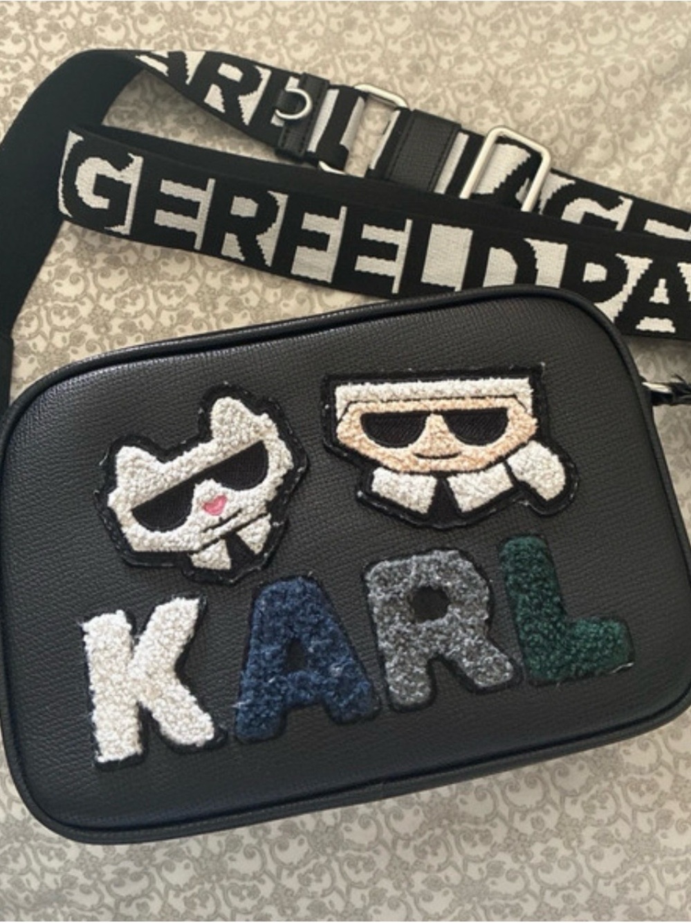 Karl Lagerfeld Black Crossbody Camera Bag with Logo Patches